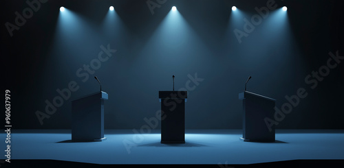 Palco vazio para debates políticos com microfones, holofotes. Pódio de apresentação pública para palestrantes de negócios photo