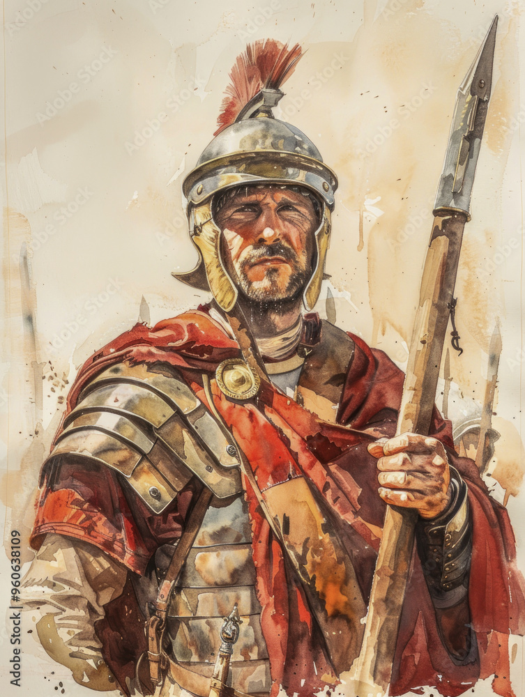 Obraz premium Watercolor illustration of Roman legionnaire holding a spear