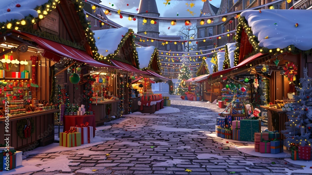 Fototapeta premium Festive Christmas Market Street with Snow and Decorations