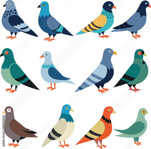 set of birds on white background