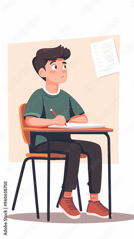 Illustration of a Young Student Sitting in a Classroom, Appearing Distracted, Daydreaming While Studying, Educational Setting with Books and School Materials, Academic Scene, Learning Focus Illustration of a Young Student Sitting in a Classroom, Appearing Distracted, Daydreaming While Studying, Educational Setting with Books and School Materials, Academic Scene, Learning Focus