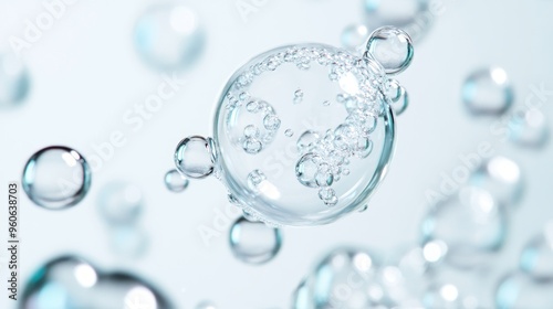 Bubbles in a Ripple Effect, adjacent bubbles create a mesmerizing chain reaction, minimalist backdrop enhances the clean simplicity, inviting a sense of calm and clarity.