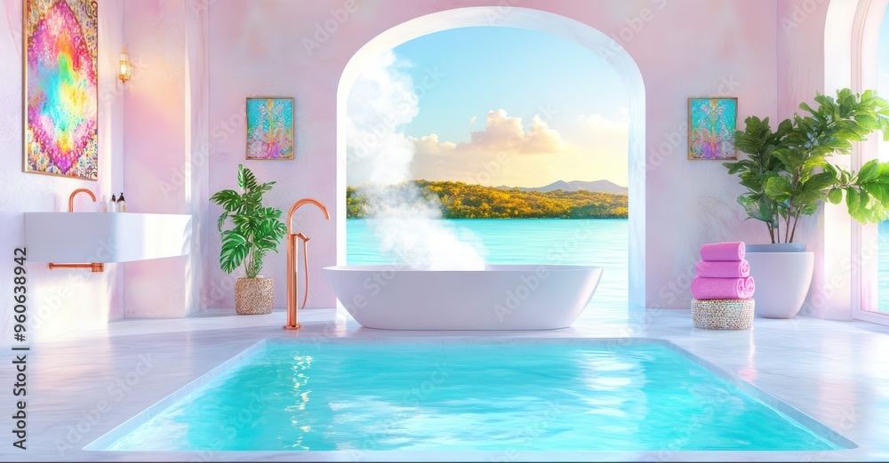 Fototapeta premium Serene bathroom with a stunning ocean view, featuring a modern bathtub, vibrant decor, and peaceful ambiance for relaxation.