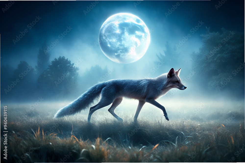 Fototapeta A white fox is walking through a field of tall grass. The moon is in the background, casting a silvery light over the scene. Scene is peaceful and serene, as the fox moves through the quiet
