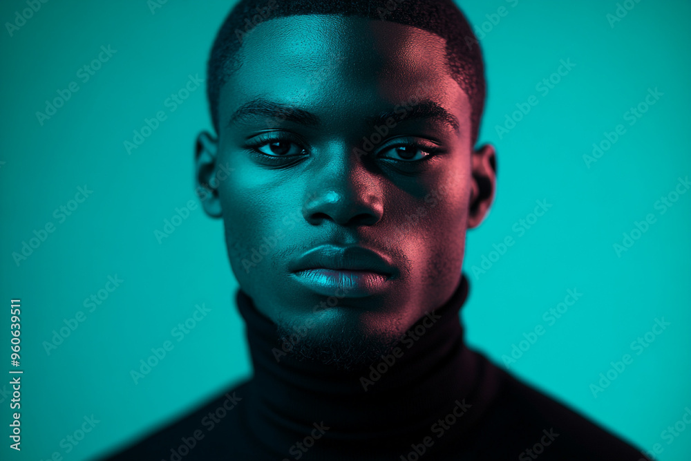 Stylish Mens Black Turtleneck with Solid Neon Teal Modern Fashion Lifestyle Portrait Background Stylish Mens Black Turtleneck with Solid Neon Teal Modern Fashion Lifestyle Portrait Background