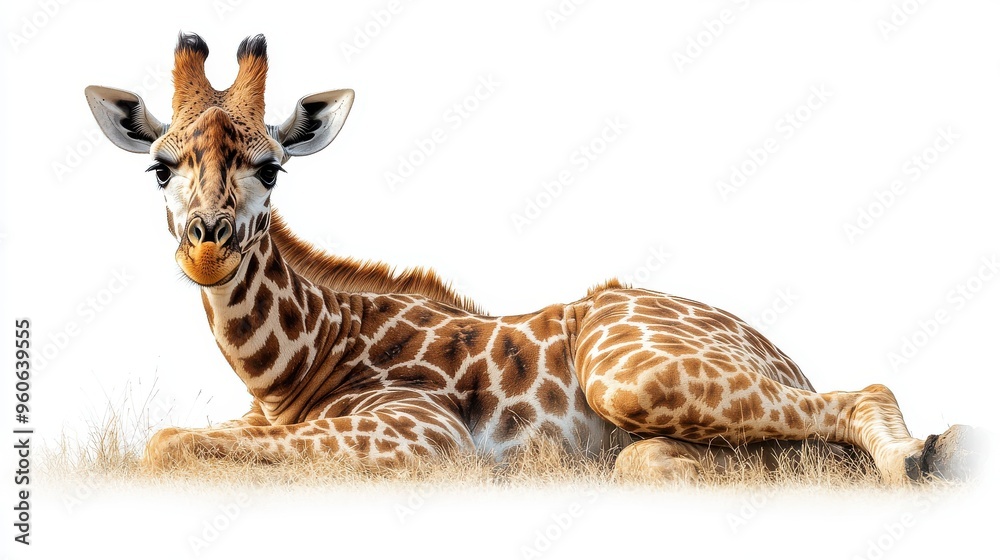 Giraffe in a resting position, emphasizing its unique body shape on a white background Giraffe in a resting position, emphasizing its unique body shape on a white background