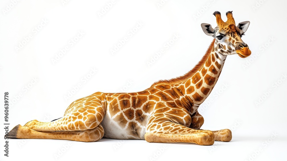 Obraz premium Giraffe sitting down with its neck curved elegantly on a white background