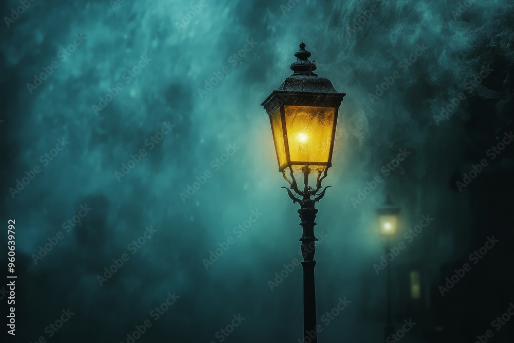 A single streetlamp glowing softly in the rain, with mist swirling around it.