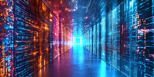 The Evolution of Data Centers: High-Tech Servers and Advanced Network Systems with colored lights 