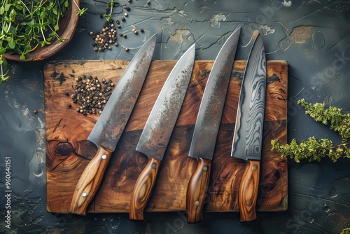 Three kitchen knives on a cutting board seen from above photo