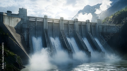 Hydroelectric dam in action with mountain backdrop