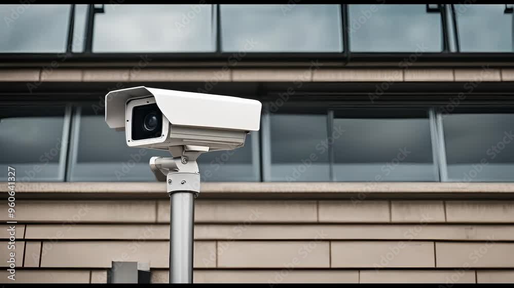 A surveillance camera is prominently displayed against a modern building, highlighting themes of security and observation in urban settings. A surveillance camera is prominently displayed against a modern building, highlighting themes of security and observation in urban settings.