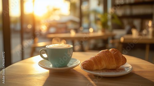 cup of coffee and croissant on the table at cafe