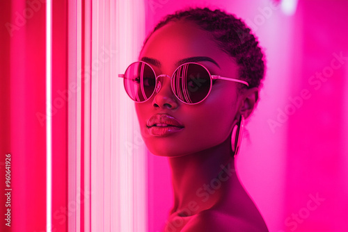 Portrait of a woman wear suit and sunglass in pink background