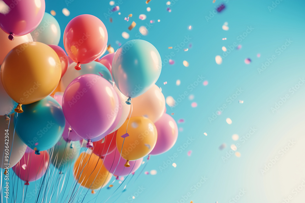 Colorful balloons floating against a bright sky filled with confetti for a festive celebration Colorful balloons floating against a bright sky filled with confetti for a festive celebration