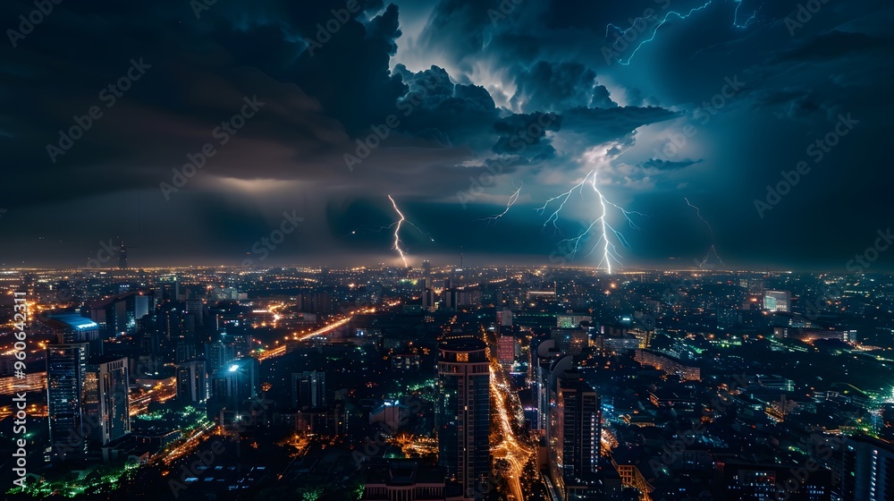 Fototapeta premium Intense lightning striking over a city during a storm
