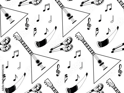 Seamless vector pattern. Russian folk musical instruments, wooden spoons, balalaika, horn, all objects are hand drawn in vector in black color. Suitable for printing on fabric, paper.