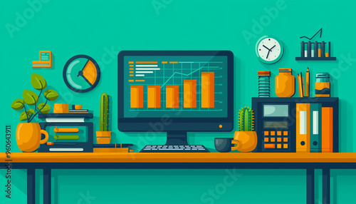 Accounting Day Banner. Outline Illustration Of Account Computer standing on the table, calculator, flower, folders, documents, clock, schedule, lamp, pencils