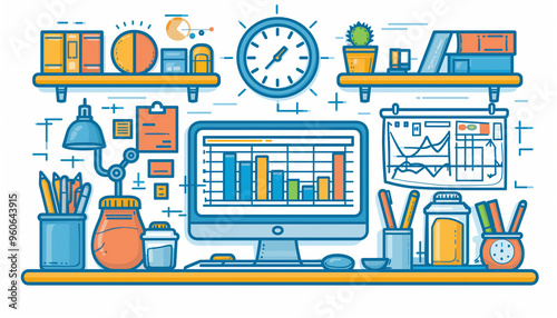 Accounting Day Banner. Outline Illustration Of Account Computer standing on the table, calculator, flower, folders, documents, clock, schedule, lamp, pencils