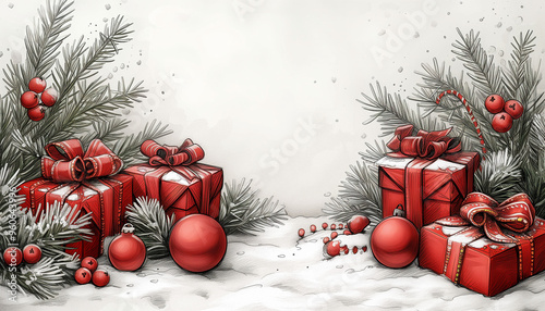 Minimalistic sketch, painting of Christmas on white background with free space for text