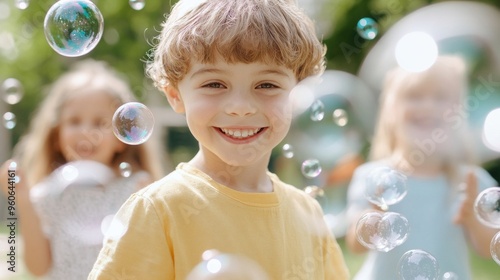 Joyful children delighting in a bubble machine, vibrant soap bubbles floating in a spacious yard, minimalistic backdrop enhancing the playful atmosphere and freedom of movement photo