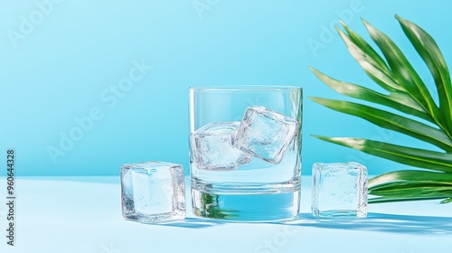 A refreshing glass of water with ice cubes, surrounded by greenery against a bright blue background, perfect for summer vibes. photo