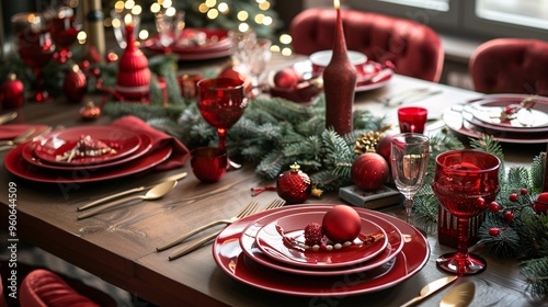 Festive Christmas Table Setting with Red Decorations