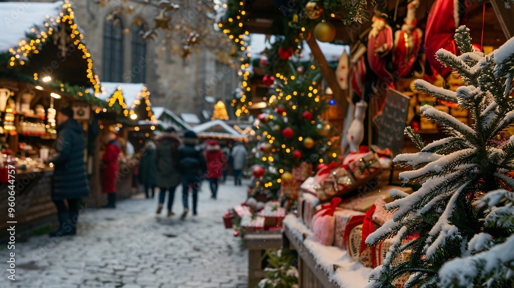 Obraz premium Festive Christmas Market with Snow Covered Fir Tree and Gifts