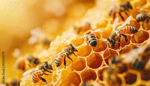 Macrophotograph of bees on honeycombs that are filled with natural and healthy honey