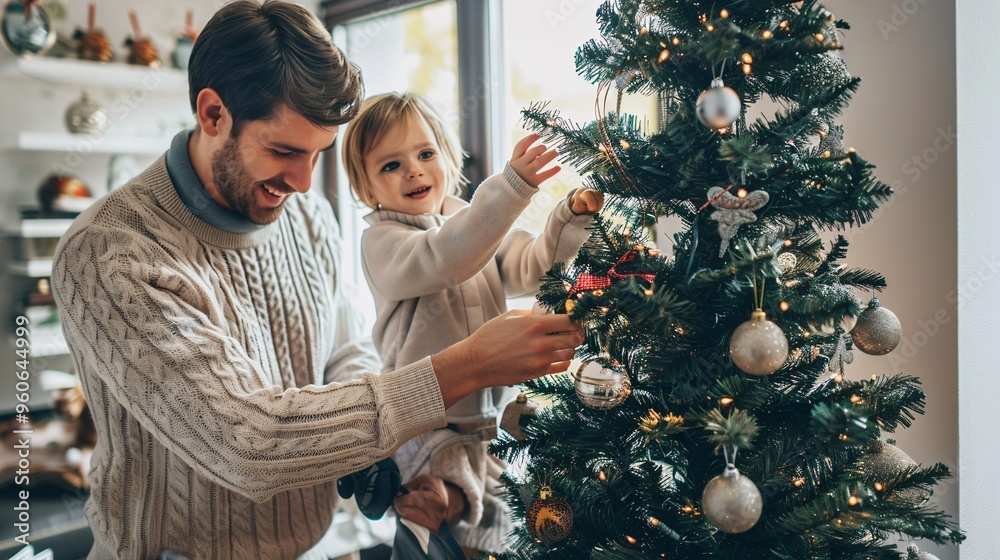 Father and Daughter Decorating Christmas Tree Together Father and Daughter Decorating Christmas Tree Together