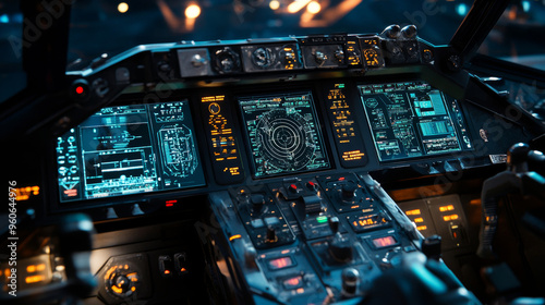 Depict a high-tech cockpit with digital displays, augmented reality controls, and advanced autopilot systems. Show the pilots interacting with holographic interfaces and real-time data displays. 