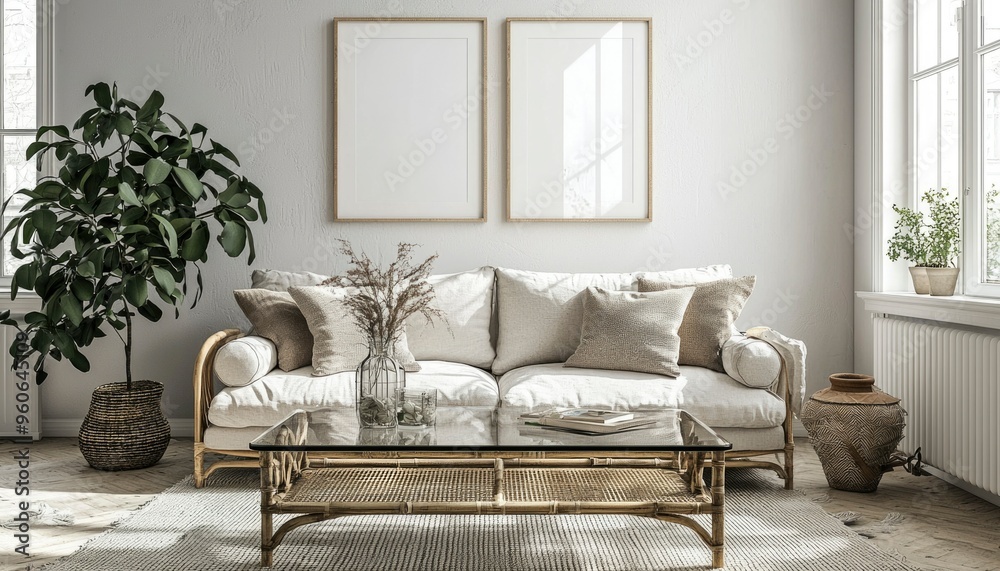 Fototapeta premium White Sofa with Wooden Frame in a Modern Living Room