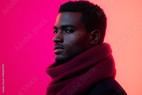 Burgundy Scarf with Solid Neon Coral Stylish Lifestyle Portrait Featuring a Man with a Burgundy Scarf Against a Bold Neon Coral Background