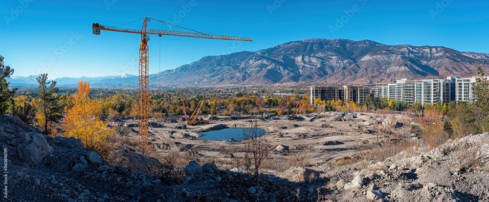 Obraz premium Construction Crane in Front of Mountains and Cityscape