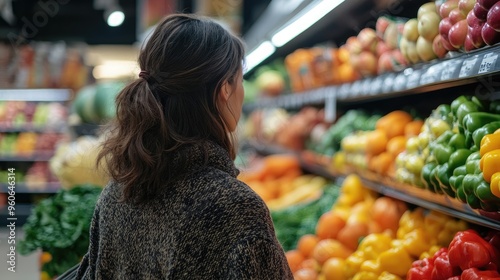 A woman shops for produce in a grocery store. This image can be used for blog posts about healthy eating, grocery shopping, and general consumerism.