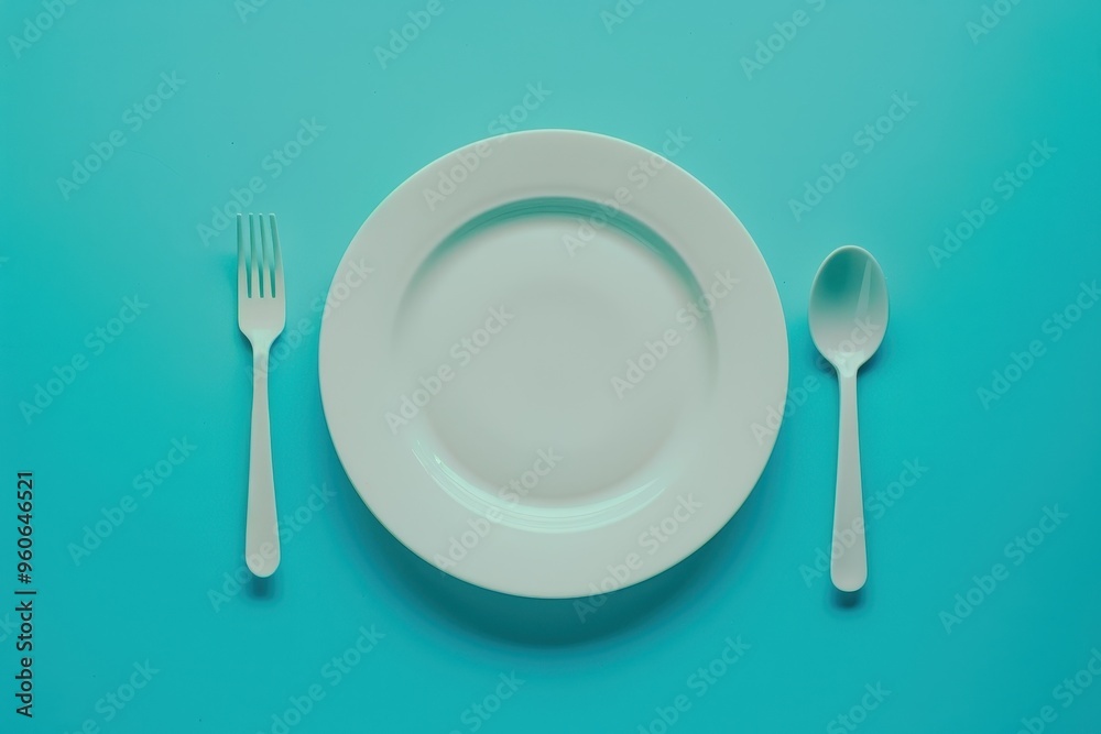 White plate silverware on blue backdrop White plate silverware on blue backdrop