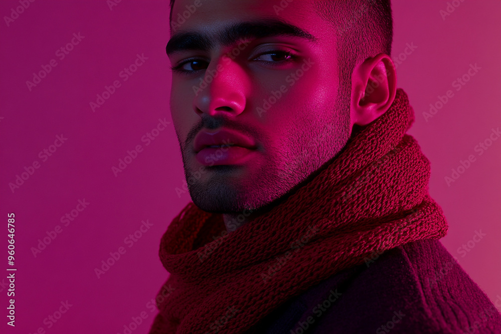 Mens Burgundy Scarf with Solid Neon Coral Stylish Lifestyle Portrait Featuring a Burgundy Scarf Against a Neon Coral Background Mens Burgundy Scarf with Solid Neon Coral Stylish Lifestyle Portrait Featuring a Burgundy Scarf Against a Neon Coral Background
