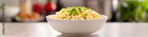 A bowl of instant noodles on the table, wide panoramic banner with copy space.