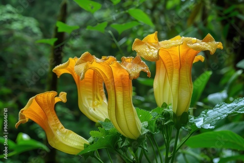 Wild Angel s Trumpet in Taiwan rain forest with yellow and light orange flowers photo