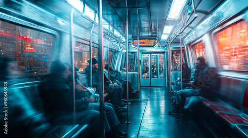 Depict a modern city train or subway, with commuters going about their daily routines, capturing the fast-paced, everyday aspect of train travel in urban environments.