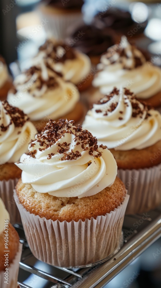 Chocolate Cupcake with Creamy Vanilla Frosting - A delectable chocolate cupcake topped with rich vanilla frosting and chocolate shavings, presented in a bakery display setting. Chocolate Cupcake with Creamy Vanilla Frosting - A delectable chocolate cupcake topped with rich vanilla frosting and chocolate shavings, presented in a bakery display setting.