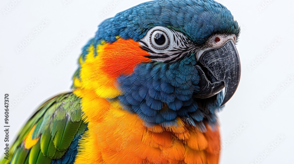 Obraz premium Parrot on a perch with a white background highlighting its striking colors and features