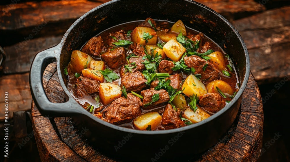 Authentic Indigenous Cuisine: Rustic Venison Stew with Root Vegetables, Presented in a Forest Environment