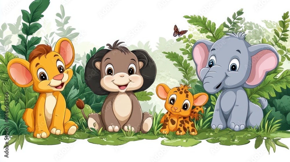 Naklejka premium Playful cartoon safari animals on white background