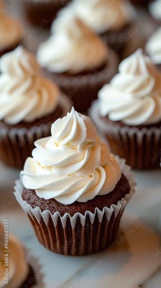 Chocolate Cupcake with Creamy Vanilla Frosting - A delectable chocolate cupcake topped with rich vanilla frosting and chocolate shavings, presented in a bakery display setting. Chocolate Cupcake with Creamy Vanilla Frosting - A delectable chocolate cupcake topped with rich vanilla frosting and chocolate shavings, presented in a bakery display setting.