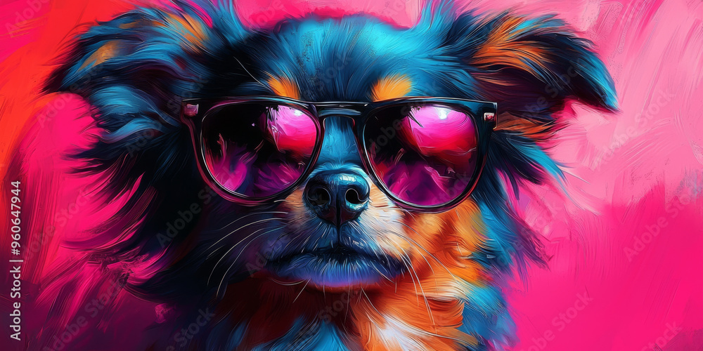 Cool dog wearing sunglasses with a pink and blue background. Cool dog wearing sunglasses with a pink and blue background.