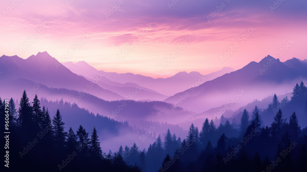 Soft pink and purple hues in early morning light over majestic mountain range, silhouette of trees on a ridge, dramatic sky and serene atmosphere - Generative AI Soft pink and purple hues in early morning light over majestic mountain range, silhouette of trees on a ridge, dramatic sky and serene atmosphere - Generative AI