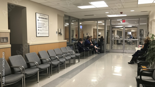 The hospital waiting area has grey chairs for people to sit while they wait for their appointment or service. There's a glass door on the right that leads to the emergency room.