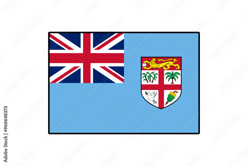 Fototapeta premium This illustration displays the distinct flag of Fiji featuring a blue field, a Union Jack, and a shield with palm trees, a dove, and other symbols, reflecting its cultural heritage.