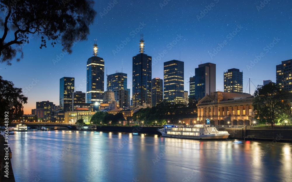 Obraz premium Melbourne City Skyline at Dusk with Ample Space for Text